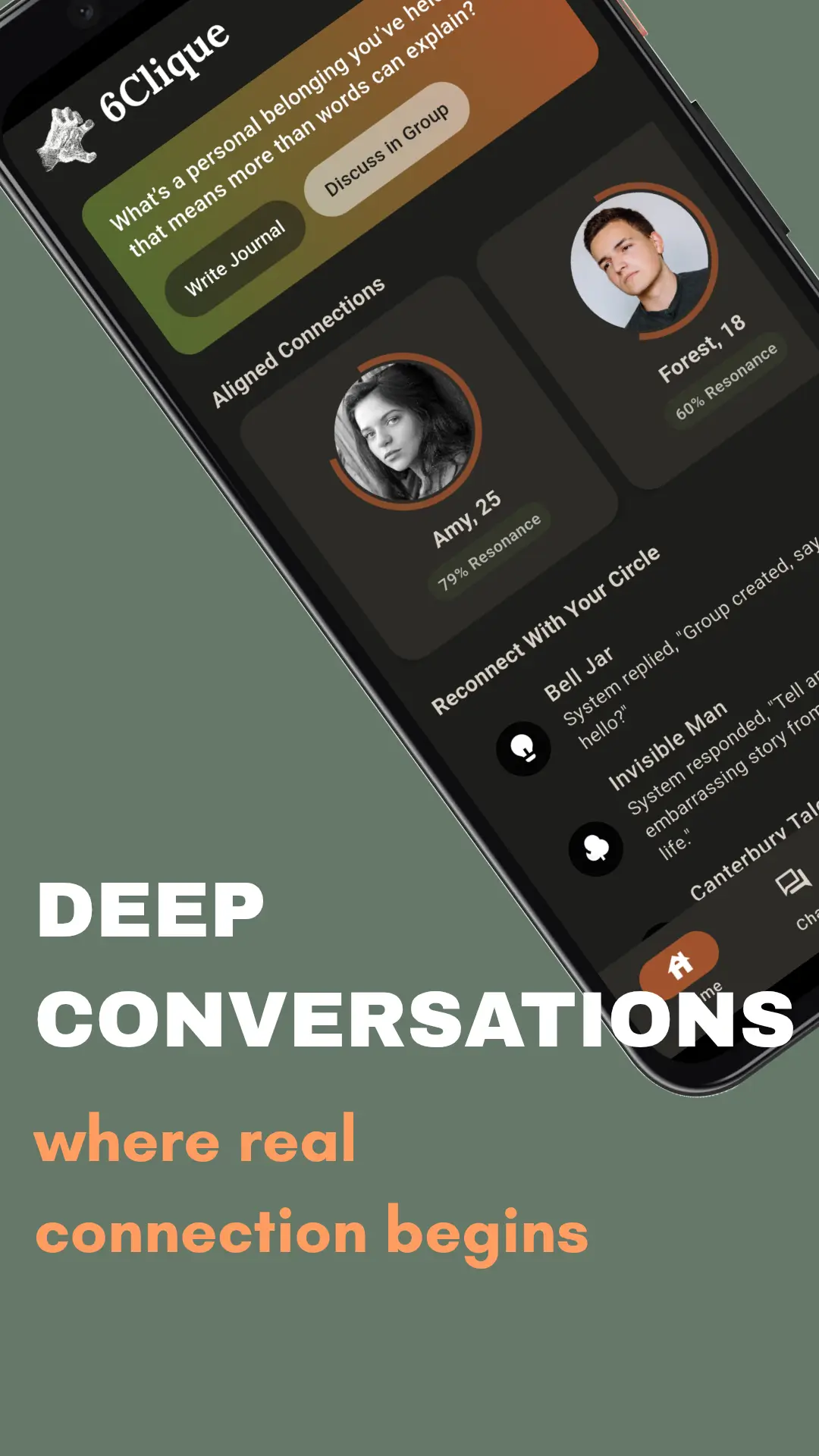 6Clique home screen showing meaningful connection social media app